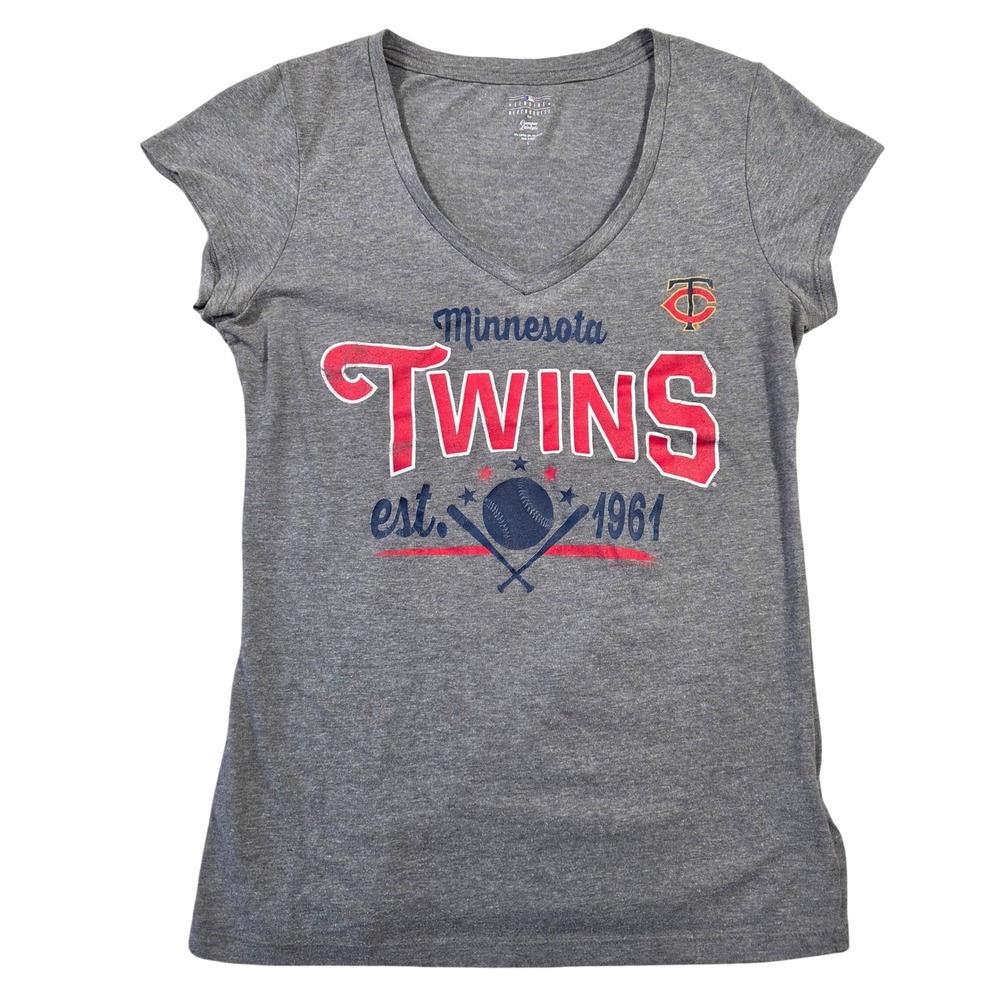 Minnesota Twins MLB Gray V-Neck Graphic T-Shirt Womens Large Campus‎ Lifestyle
